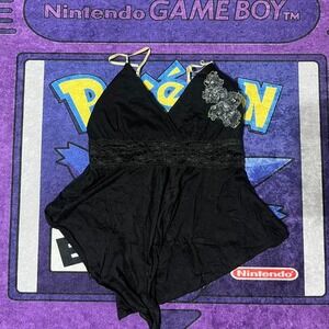 Medium y2k Black lace goth halter top with rhinestone handmade and sewn flower